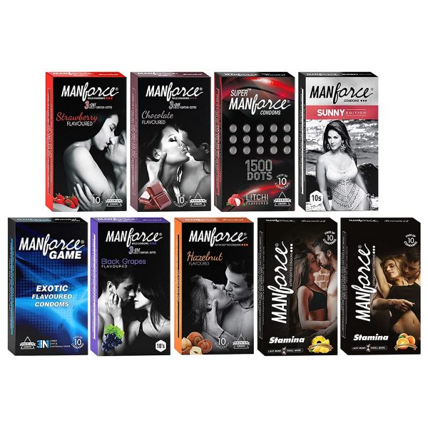 Manforce Condoms Combo Pack, Assorted Flavours- 10 Pieces (Pack of 9)