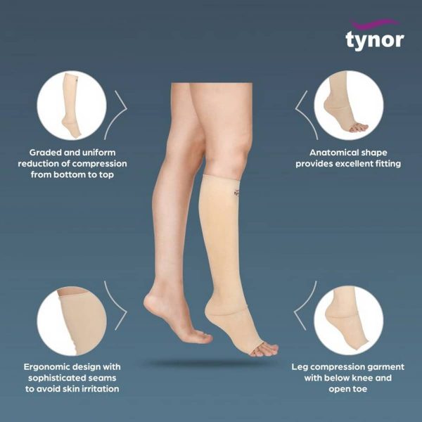 Tynor Compression Garment Leg Below Knee Open Toe, Beige (1 Pair) - Image 2