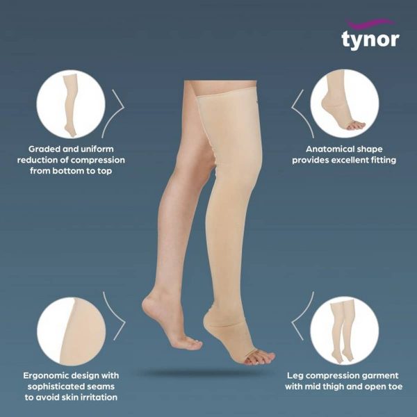Tynor Compression Garment Leg Mid Thigh Open Toe, Beige (1 Pair) - Image 3