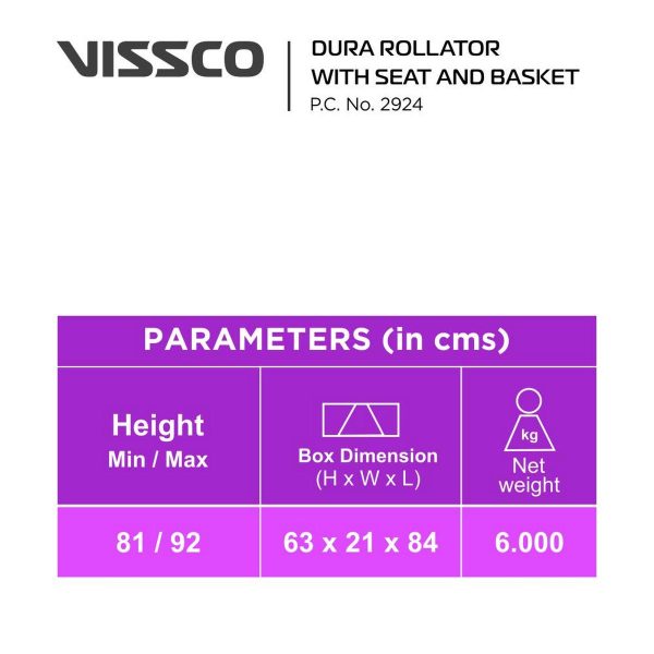 Vissco Dura Rollator with Seat and Basket - Image 3