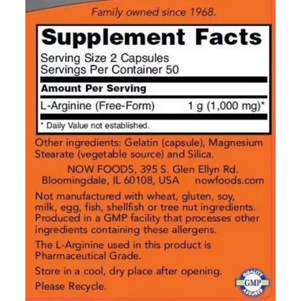 Now Foods L-arginine 500 mg  (100 capsules) - Image 2
